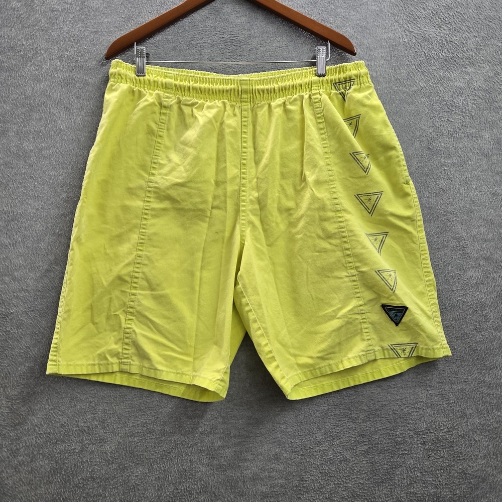 VINTAGE OP Men Swimwear XL Yellow Graphic Swim Trunks Triangles Logo READ